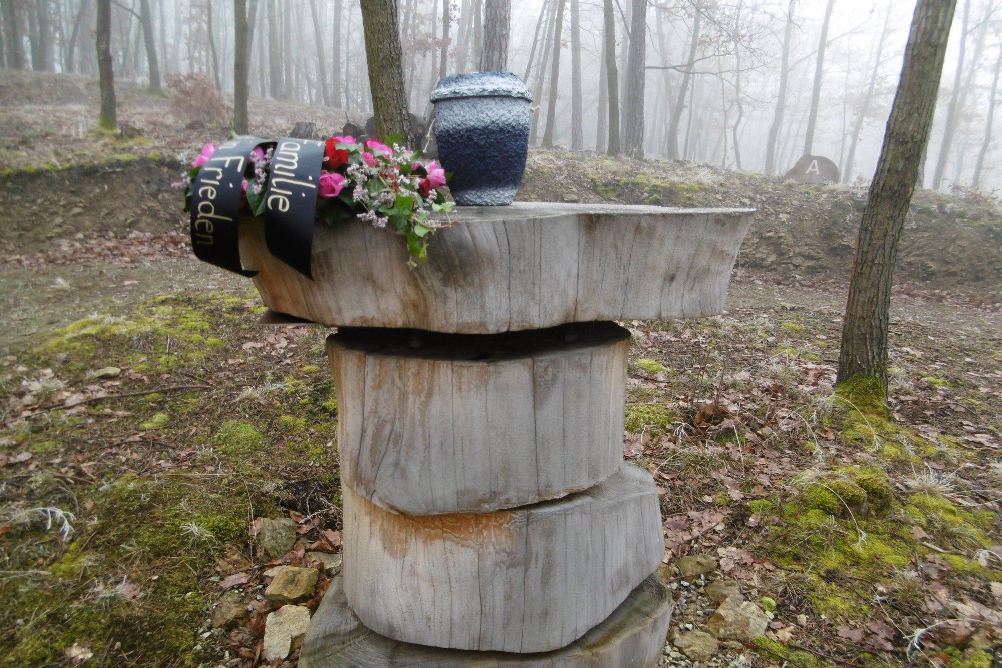 Urne auf Holztisch im Wald